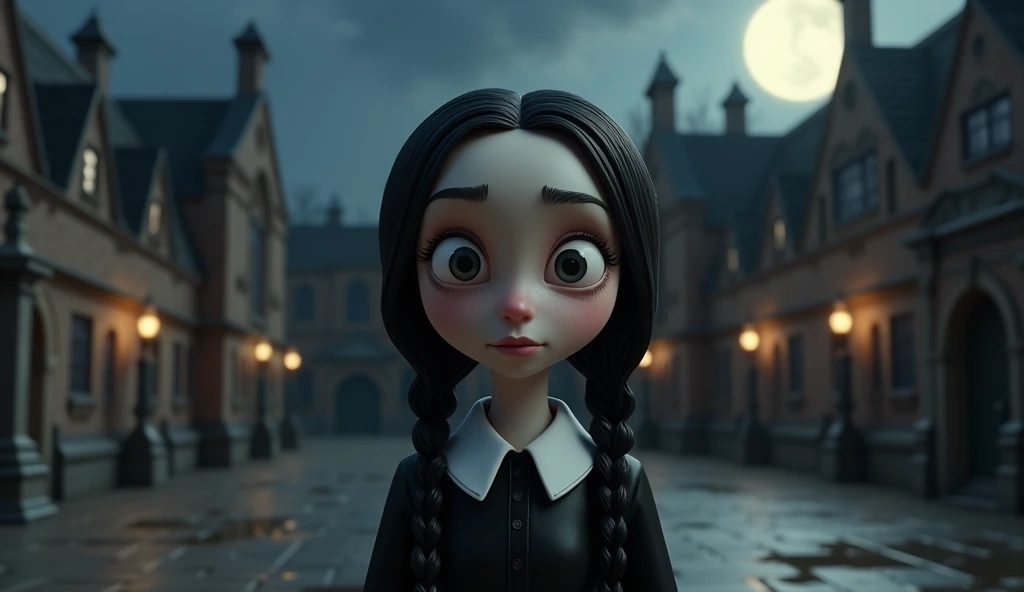 young adorable jenna ortega as wednesday addams braids sitting in a glorious luxurious gothic manor window bright moonlight spooky tim burton style
(masterpiece:1.4) (best quality:1.4) (8k) (HDR) (wallpaper) (cinematic lighting) (sharp focus) (intricate) (Face-WednesdayAddamsNtx:0.9)