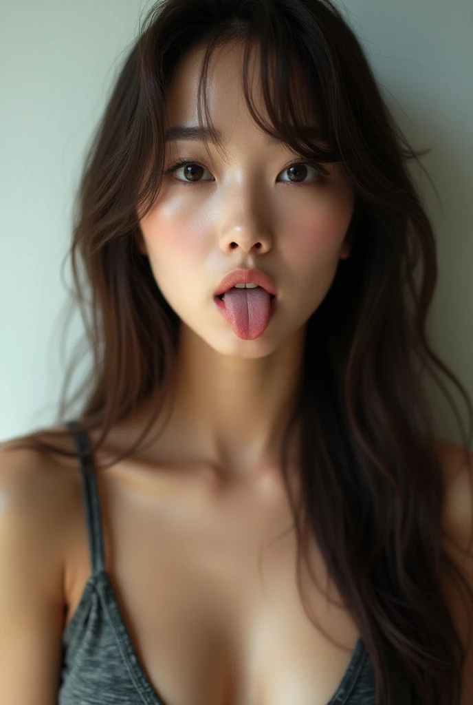 Create a photo of a femboy with semen in her mouth