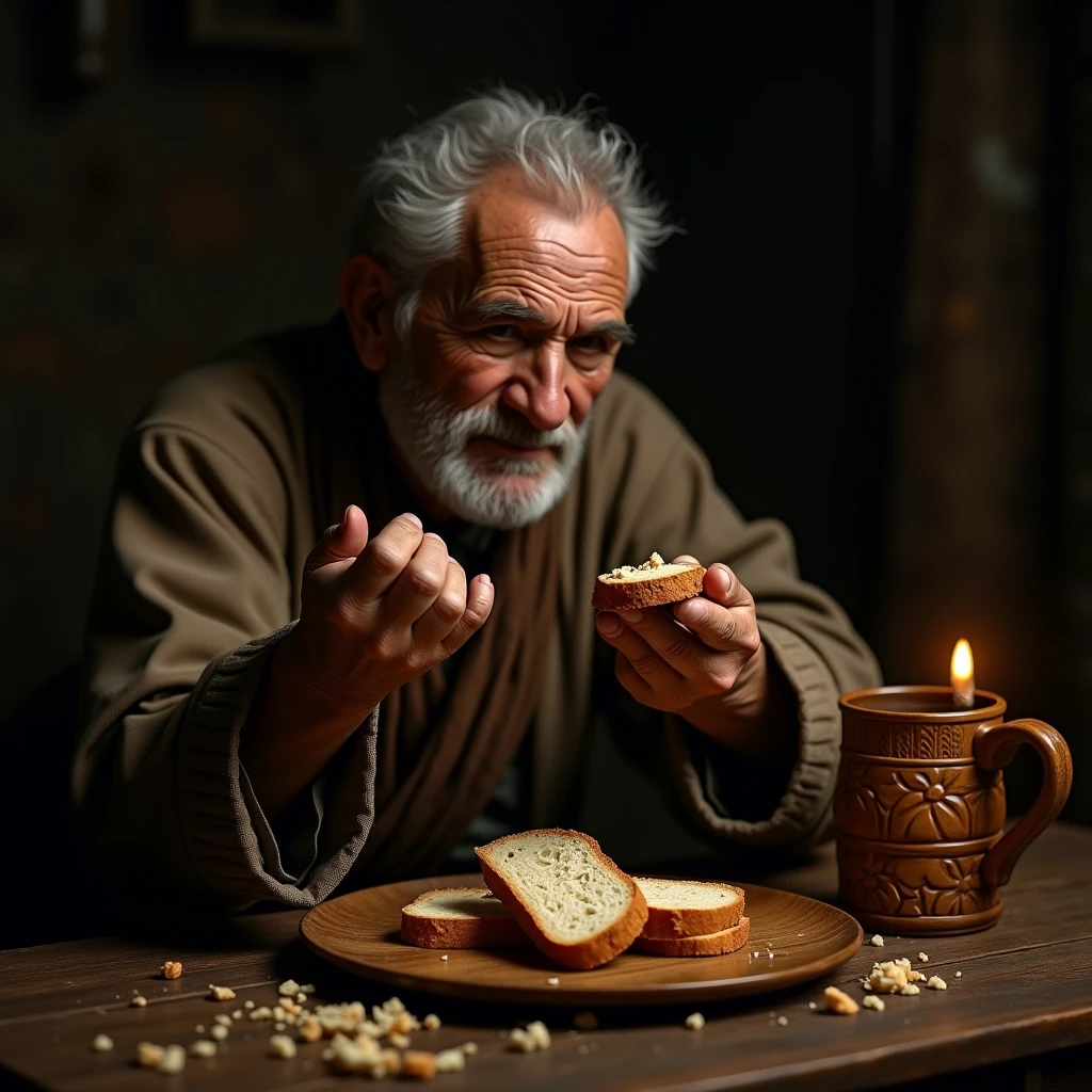  Grandpa Old wrinkles on his face Detailed Face ,  Holds a Small Slice of Bread A slice , hoping to Get a Slice of Bread Guy Reaches his hand to a slice of bread ,  A dim light burns a candle on the table illuminates the room empty on a wooden plate bread crumbs that have turned into crackers,  A carved wooden mug with water near the plate ,  Carved wooden table , 8 k, masterpiece, Game of Shadows,  intricate details , Realistic style , A room without windows, maximum quality,