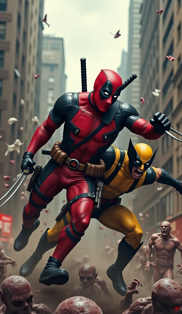 Deadpool and Wolverine stand back to back in fighting stance, they are surrounded by (alien mutant ninja zombie cyborgs), downtown Bangkok (Extremely complex)