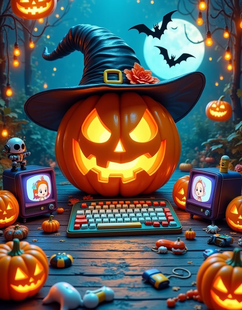 This image is a digital illustration of a Halloween scene. In the center of the picture,there is a large pumpkin with a jack-o '-lantern face carved into it. Pumpkin wears a black witch's hat with a gold buckle and a red flower. The witch was standing on the wooden floor,surrounded by other pumpkins. There are also bats flying around the pumpkin with a full moon in the background. The overall color scheme is orange,black and white,giving a strange and festive feeling., This image shows a variety of electronic devices and accessories scattered across a blue surface. In the center of the image,there is a blue and green vintage-style laptop with a large screen. The computer is surrounded by other electronic devices such as keyboards,mice,game controllers and small robots. On the right side of the computer,there are two small black and purple TVS with a cartoon character on the screen. In the background is a dark blue wall with patterned wallpaper. The overall color scheme is bright and vibrant,giving a playful and whimsical feel.