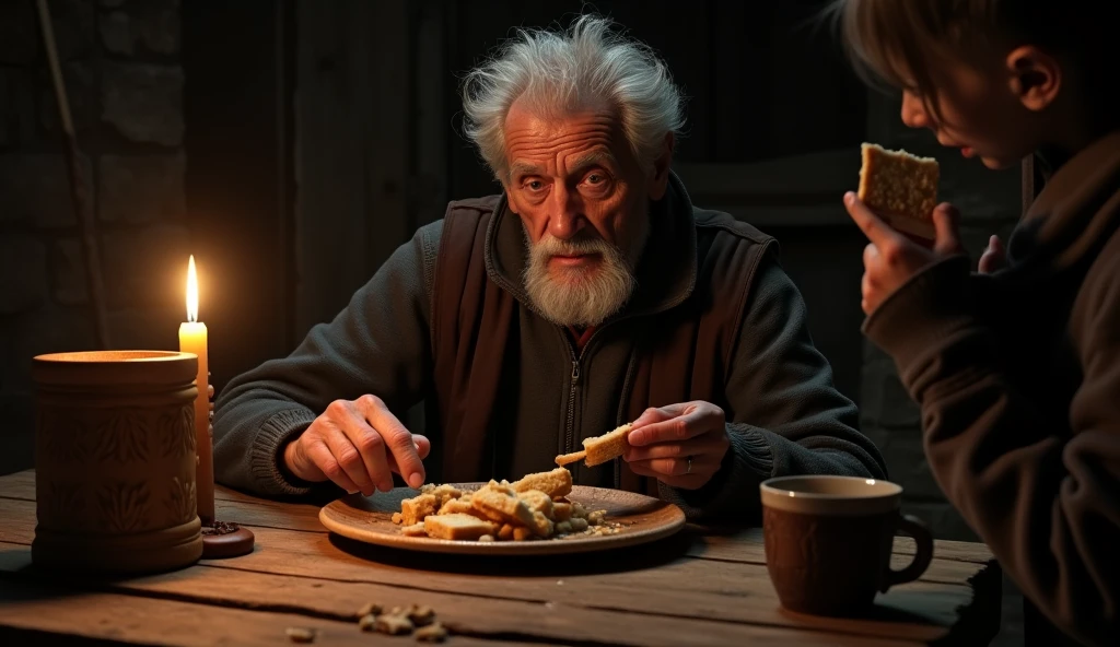  Grandpa Old wrinkles on his face Detailed Face ,  Holds a Small Slice of Bread A slice ,  A guy reaches for a slice of bread ,  A dim light burns a candle on the table illuminates the room empty on a wooden plate bread crumbs that have turned into crackers,  A carved wooden mug with water near the plate ,  Carved wooden table , 8 k, masterpiece, Game of Shadows,  intricate details , Realistic style , A room without windows, maximum quality,