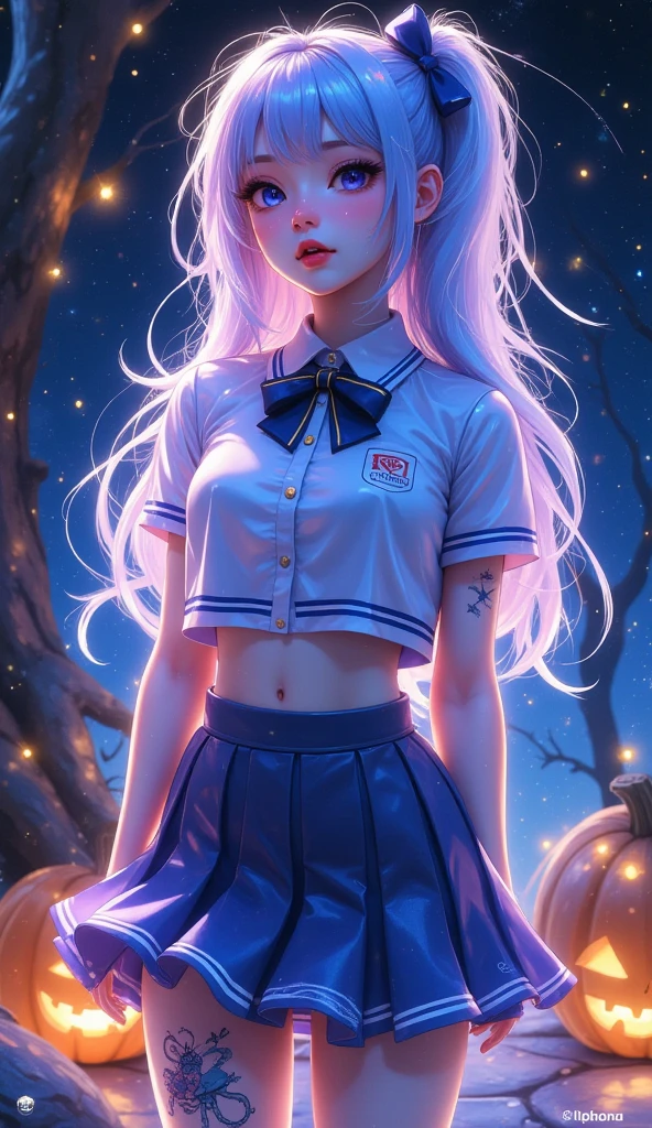 เด็กสาวนั่งบนฟักทองยักษ์, (( Blue-white long-haired woman, Ponytail left ,High school uniform, red lips, crop top with skirt, thick mascara  , Hair bow ,  tattoos on thighs ,รองเท้าส้นสูง, dinamic pose)), nighttime, Halloween, pumpkin, floor, Desert Forest , Tree , nighttime, 3D render , dark tone 