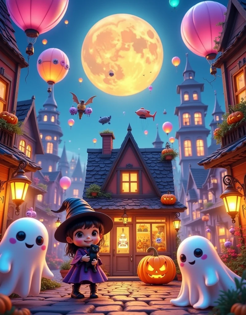 This image is a digital illustration of a city: a Halloween shop. The shop is located in the centre of the image,surrounded by skyscrapers and skyscrapers. The sky is blue and pink hot air balloons float above the shop. In front of the shop there is a little witch wearing a black magic hat and holding a black kitten in her arms,the little witch is smiling and wearing a purple magic cloak with a smiling pumpkin sitting under her buttocks,next to a few white cute ghosts with big eyes and big smiles,in the far distance there is a big yellow moon,and next to the moon there are airships and mysterious planes passing by,and there are also little magical witches riding brooms flying in the sky. Purple atmosphere,revealing the environment of the weird and mysterious,the 's lovely