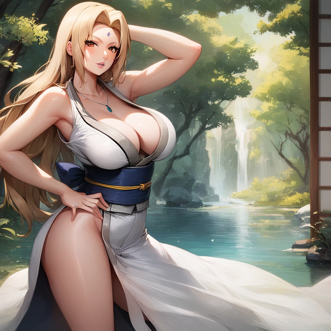 score_9, score_8_up, score_7_up, score_6_up, looking at viewer,  BREAK
1girl, large breasts, tsunade (naruto), blonde hair, facial mark, cleavage, armpits, long hair, jewelry, looking at viewer, forehead mark, hand on hip, parted lips, arm up, sash, necklace, japanese clothes, short kimono, brown eyes, arm behind head, thighs, white kimono, obi, bare shoulders, sleeveless kimono, collarbone, bangs, mature female