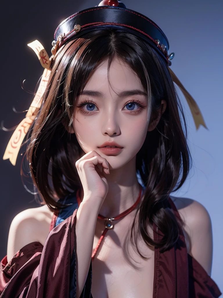 (qing guanmao:1.3),Hat,(red gemstone:1.2),white background,simple background,(gem:1.2),hwah jah,(streaked hair:1.4),floating paper,(multicolored hair:1.3),(blue eyes:1.2),bare shoulders,, best quality , masterpiece, illustration, an extremely delicate and beautiful, extremely detailed ,CG,unity,8k wallpaper, Amazing, finely detail, masterpiece, best quality,official art,extremely detailed CG unity 8k wallpaper,absurdres, incredibly absurdres, huge filesize , ultra-detailed, highres, extremely detailed,beautiful detailed girl, extremely detailed eyes and face, beautiful detailed eyes,light on face，（((thin))（((thin))（((thin))）(((Thong))),Almost naked