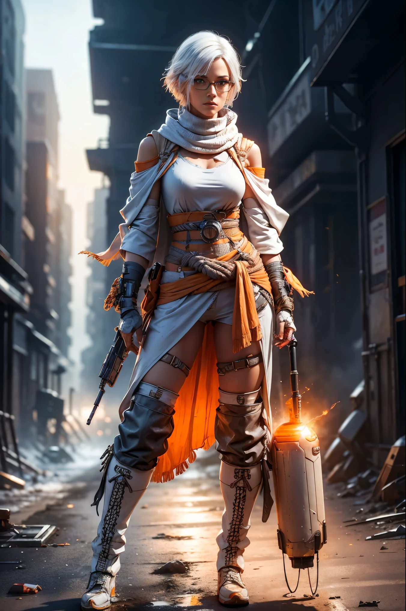 Futuristic character, full body, slim figure, short hair, white hair, standing in post-apocalypse in year 2050, shawl wrapped around waist, elbow wrapped in rope to lower left arm, life and orange in pattern, apocalyptic gun, accessory in hand and in collars, Futuristic glasses in the post-apocalypse, turned around body in side, Incendiary grenade, cowboy pants.