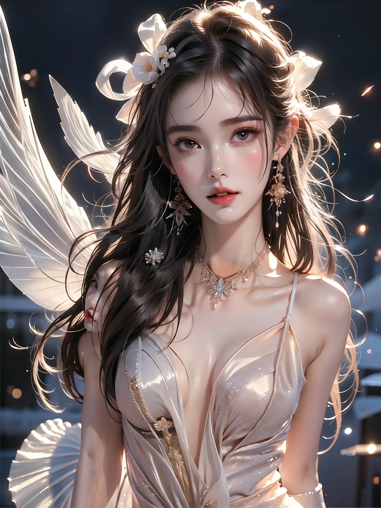 dress,wings,fairy,, (Asian beauty), ((full body)), (night, starry sky, space scene), (slim athletic figure: 1.1), (visible cleavage: 0.8), (smooth skin, no deformities: 1.2), relaxed posture, Sexy long legs, The hemlines are short, head tilted, charming smile, hands gently lifted hemline, long shaggy hair flowing, delicate features: (large bright eyes, long eyelashes: 1.1), mouth slightly upturned, expression gentle and confident, (fidelity: 1.1) 1.2), high detail, soft lighting, warm tones