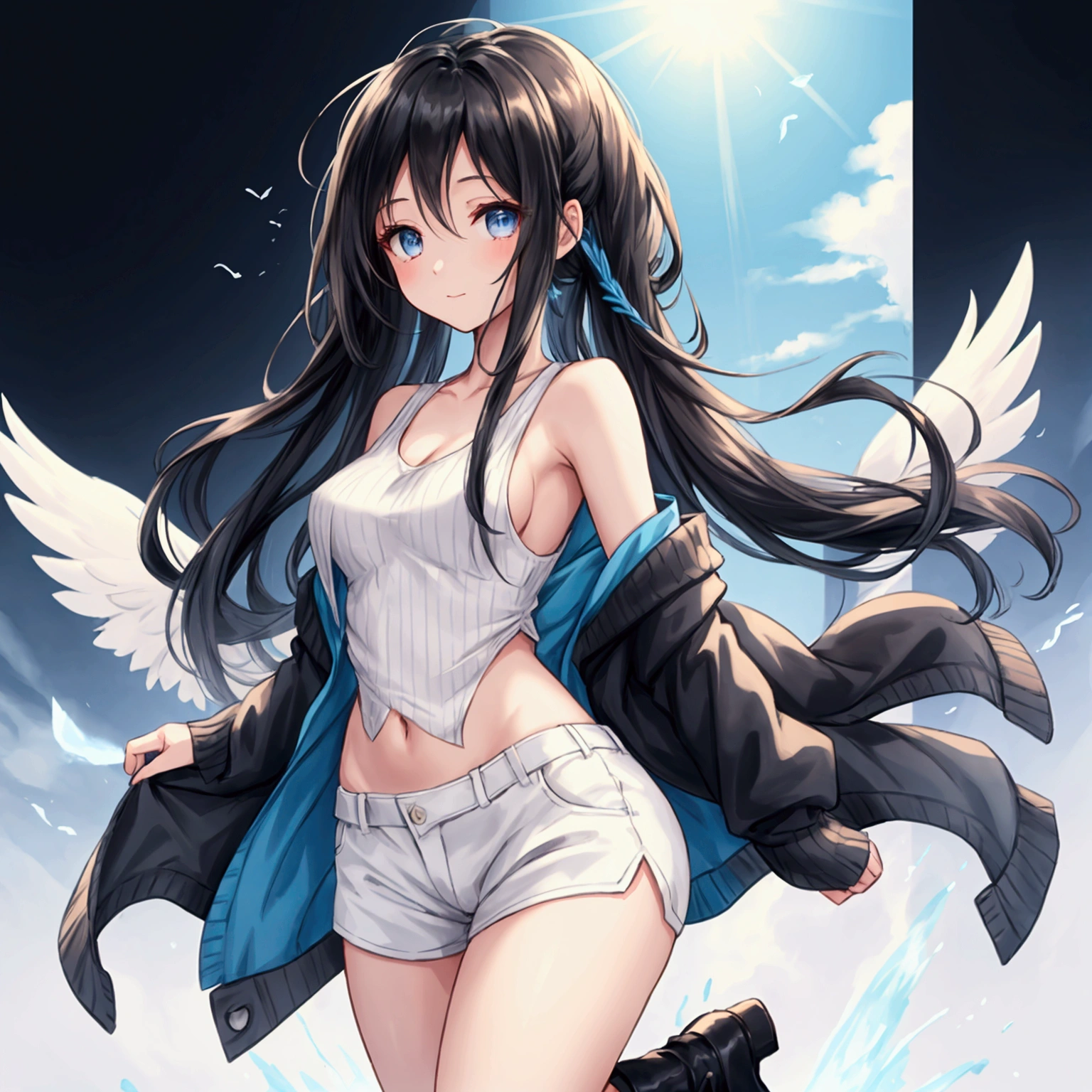 "A slender woman with long, flowing black hair, standing at 160 cm tall, weighing 45 kg, with a petite chest. Her eyes are a soft, pale blue, giving her a mysterious aura. She is wearing an iconic outfit inspired by Rinoa Heartilly from Final Fantasy VIII, which includes a long, sleeveless blue duster cardigan with a ribbed knit texture, flowing behind her. The cardigan features white wings printed on the back. Underneath, she wears a simple white tank top, paired with black, form-fitting shorts and mid-calf black boots. Her arms are adorned with matching blue arm warmers extending from her wrists to her elbows. The scene captures her entire full body standing in a bright, open grassland, with wind gently blowing, causing the grass and her outfit to flutter softly under a clear sky. The image is rendered in ultra-high quality, capturing every fine detail with stunning clarity."