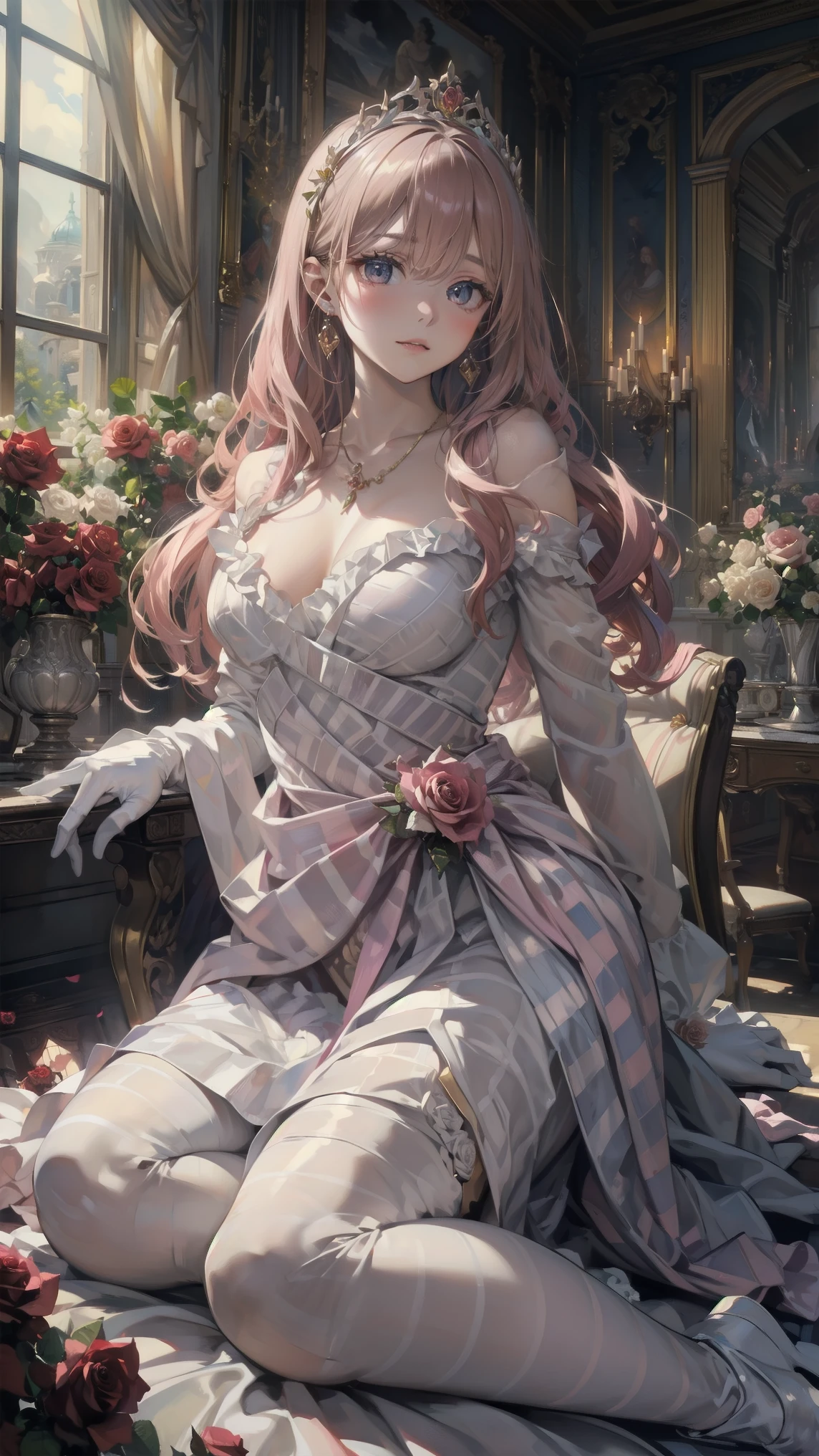 (Masterpiece, highest quality, Best Quality, Beautiful and aesthetic:1.2), full body, red-haired woman with long, wavy hair (reaching her waist:1.3), (perfect face:1.1), ultra-high resolution, elegantly dressed in a Rococo-style ruffled gown, pink and white color palette with gold accents, intricate details, long sleeves, romantic and luxurious, (sitting in a luxurious chair:1.3), hands resting gracefully on her knees, wearing a gold tiara with floral embellishments, (shining eyes:1.2), delicate white gloves with pink flowers, detailed necklace and matching earrings, (gorgeous rose-colored dress with white-striped pink fabric:1.4), magenta ribbon flowing down her chest, dramatic lighting, rainbow light filtering in, (luxurious interior of Victoria Palace:1.3), reflected rosebush in the window, ultra-detailed surroundings, captivating beauty, NSFW.