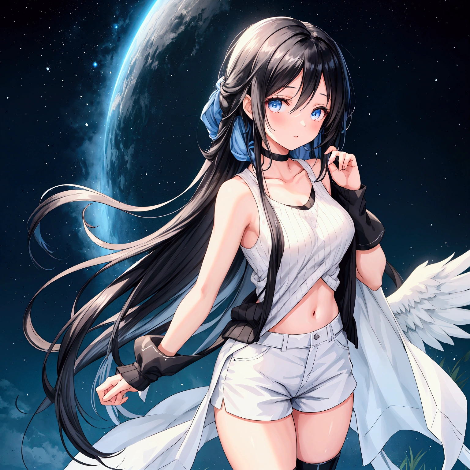 "A slender woman with long, flowing black hair, standing at 160 cm tall, weighing 45 kg, with a petite chest. Her eyes are a soft, pale blue, giving her a mysterious aura. She is wearing an iconic outfit inspired by Rinoa Heartilly from Final Fantasy VIII, which includes a long, sleeveless blue duster cardigan with a ribbed knit texture, flowing behind her. The cardigan features white wings printed on the back. Underneath, she wears a simple white tank top, paired with black, form-fitting shorts and mid-calf black boots. Her arms are adorned with matching blue arm warmers extending from her wrists to her elbows. The scene captures her entire full body standing in a bright, open grassland, with wind gently blowing, causing the grass and her outfit to flutter softly under a clear sky. The image is rendered in ultra-high quality, capturing every fine detail with stunning clarity."