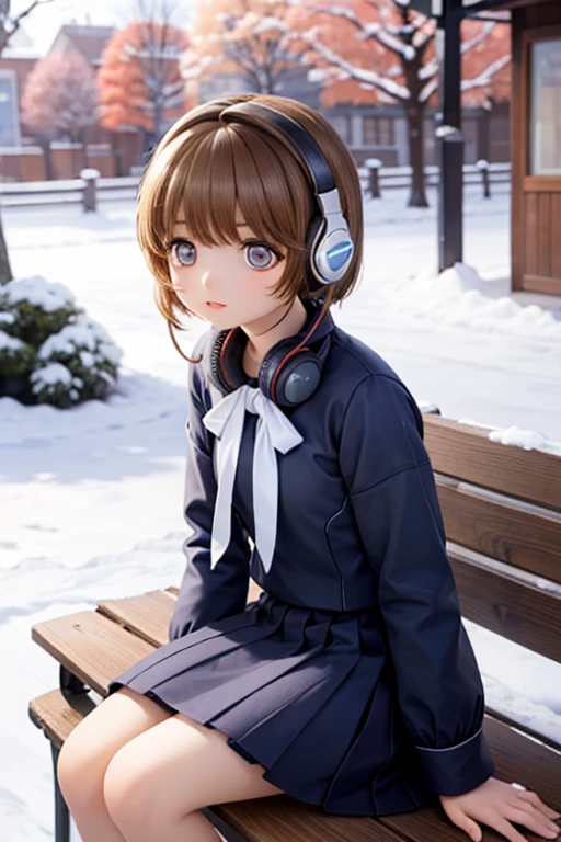 A cute high school girl with short black hair sitting on a bench in a Winter Park, listening to music with  headphones,  DETAILED PORTRAIT  ,  beautiful detailed eyes,  Beautiful Detailed Lips , Extremely elaborate face , Long eyelashes, Winter Park, snow, bench,  headphones, music, Cozy, Peaceful, Realistic, 8k, Super detailed, Complex, masterpiece, Cinema Lighting,  warm colors in cinema,  Soft Focus 