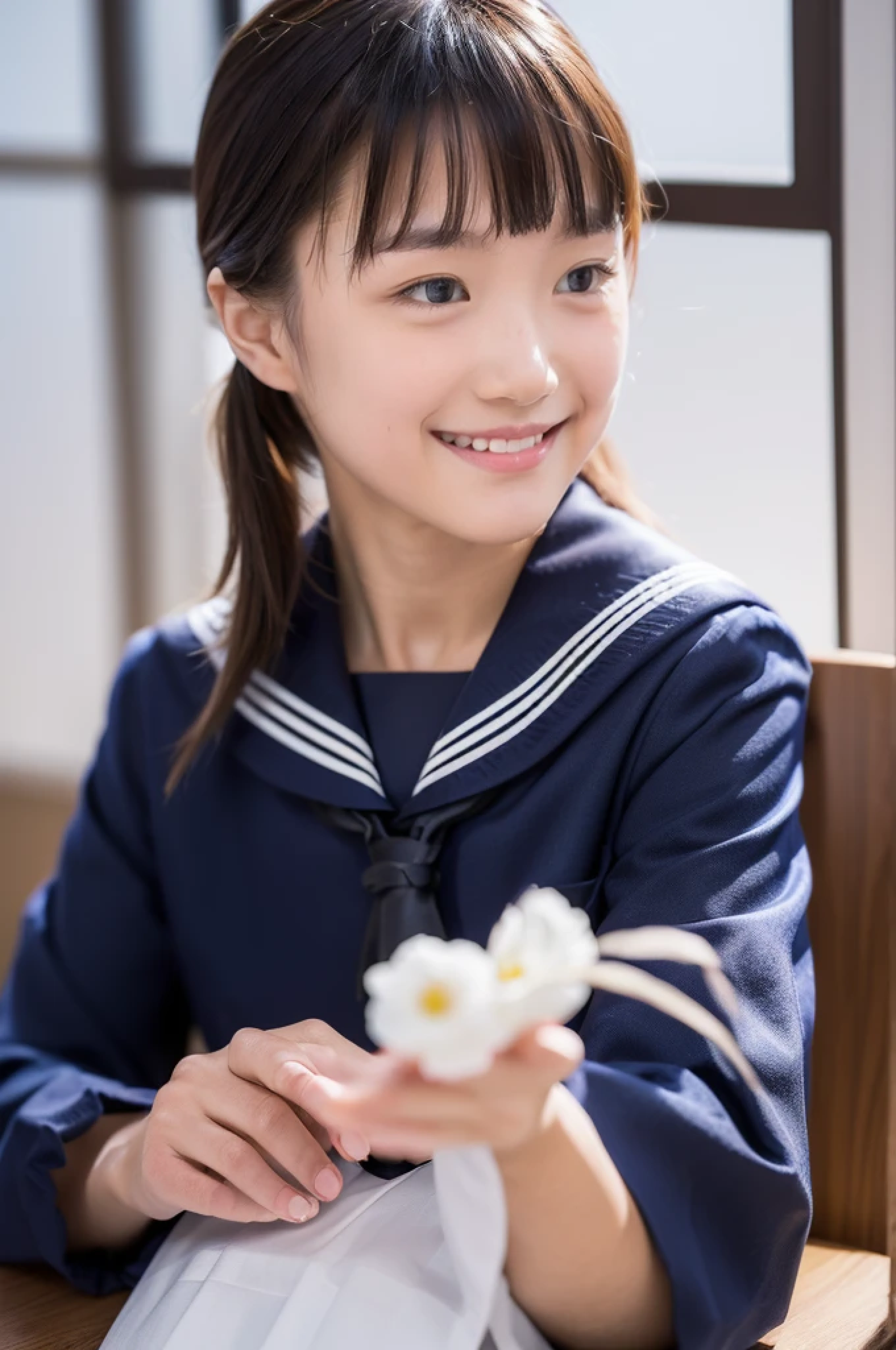 lens: 135mm f1.8, (highest quality),(RAW Photos), (Tabletop:1.1), (Beautiful  Japanese girl), Cute Face, (Deeply chiseled face:0.7), (freckles:0.4), (sparkling eyes), (healthy white skin), Dramatic lighting, (Japanese School Uniform), (In the classroom), shy, (Close-up shot:1.3), (smile, closed mouth:1.4), (sunlight), Sailor suit, dark blue, Long sleeve, (low ponytail hair), (blunt bangs), (looking away:1.5)