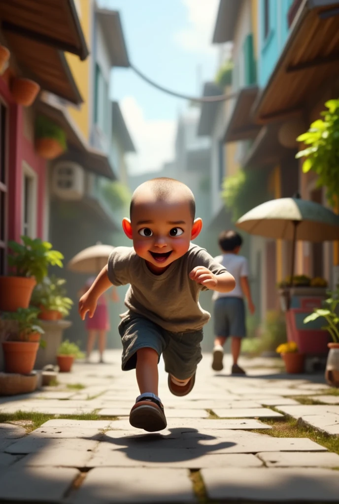 A playful  boy with a bald cut hairstyle and smaller, small eyes like a Chinese . He has Indonesian brown skin, a (chubby:1.4) and (fat body:1.3), and is wearing a simple t-shirt and shorts. The boy is running through a narrow alleyway in a small town, surrounded by colorful walls of modest homes and potted plants. His hands and clothes are slightly dirty from playful activities. In the background, there are a few of his friends and local street vendors, adding to the vibrant and lively community atmosphere. excited, Realism, high detail, high quality, accurate, masterpiece, 8k