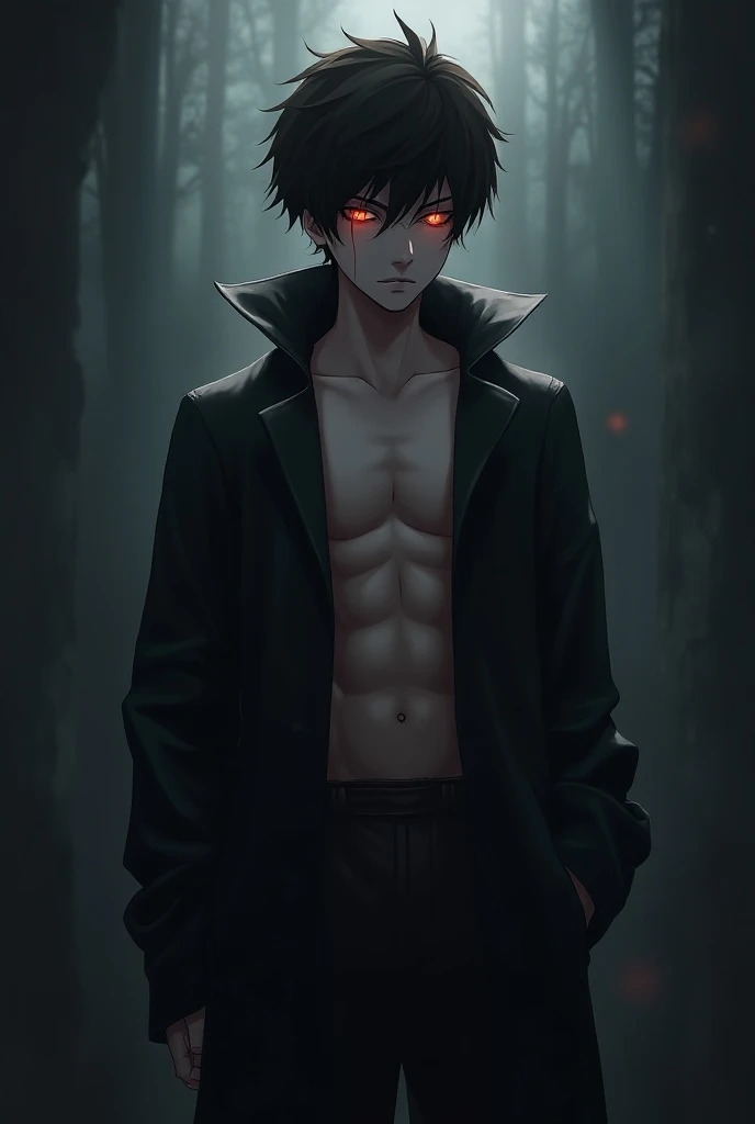male character ,black and white hair, spiked up. eerie glowing red eyes, defined body, wearing no shirt, black pants. anime dash