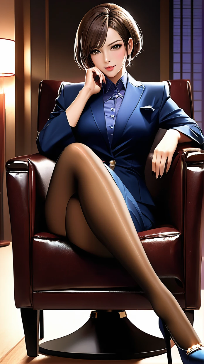 Office, beauty sitting a japanese woman in chair, short hair, beautiful legs, high heels, brown pantyhose, uit