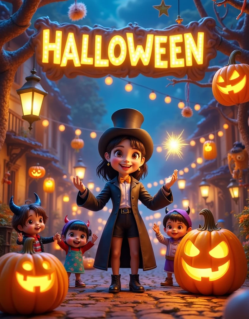 On Halloween night, under the streetlights, a colorful poster lit up the festive atmosphere. On the poster, a female magician wearing a black tailcoat and a high hat is smiling and showcasing her magic. A shining star seemed to appear in his hand, and the eyes of the children around him were filled with surprise and anticipation.
Under the magician's feet, several pumpkin lanterns carved into smiling faces emitted a warm glow, as if jumping joyfully, adding a lovely touch of color to this special night. Not far away, a group of little devils dressed in various cute costumes are holding hands and surrounding the magician, preparing to join this wonderful adventure together. Above this joyful scene, the large "Halloween" lettering is presented in golden fluorescent font, as if telling everyone: Tonight, let's enjoy this magical and surprising Halloween together