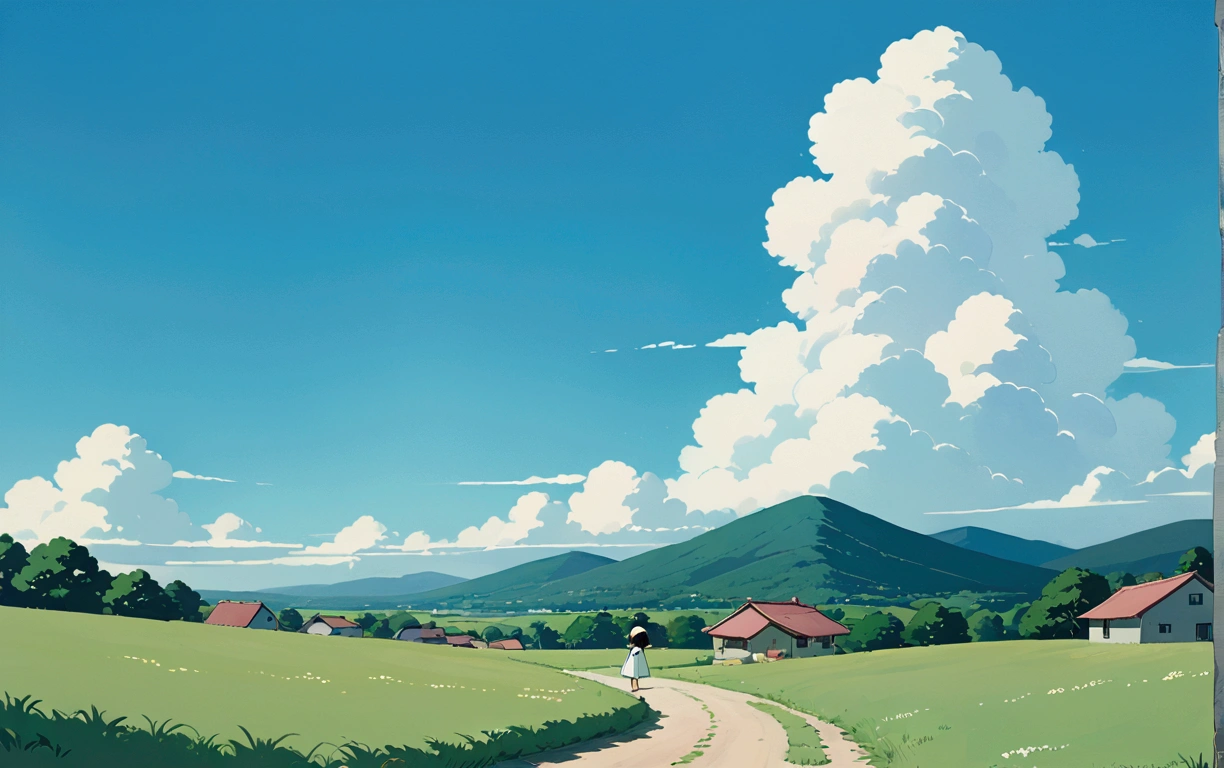 (minimalism:1.4), Lofi anime style, Studio Ghibli art, Miyazaki,blue sky and white clouds ,pastel , cute ,minimalist , landscape , SPIRITED AWAY From Hayao Miyazak