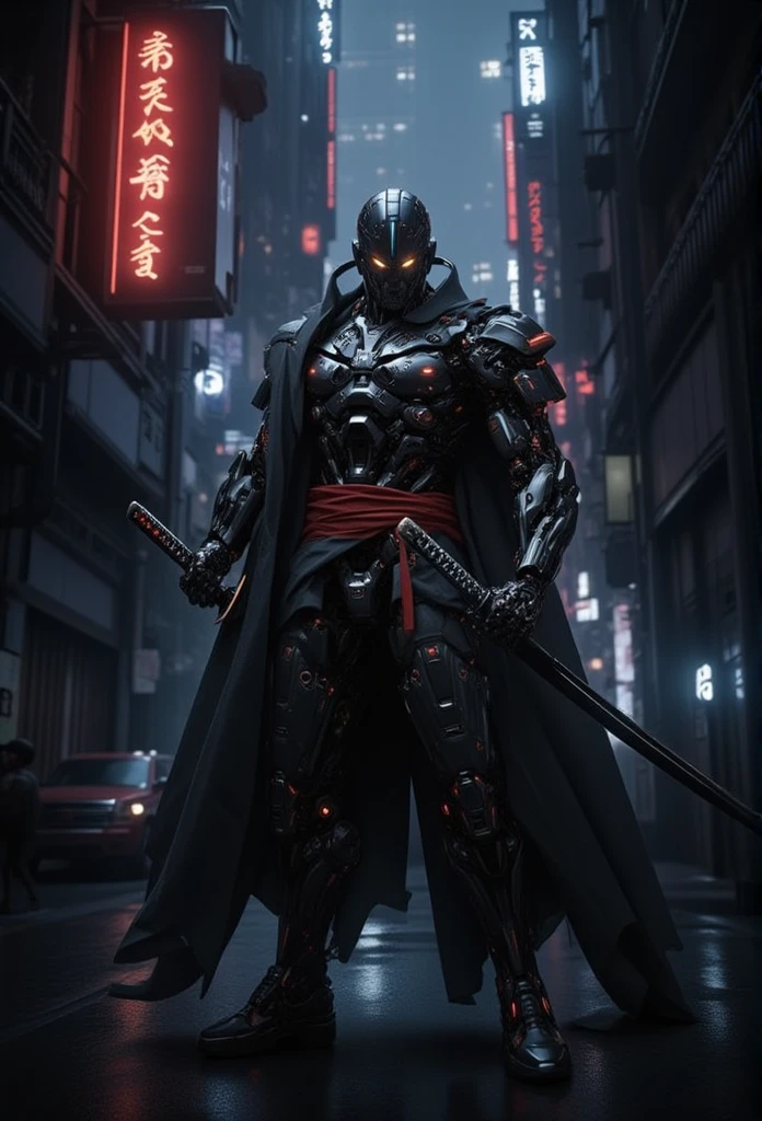 Male cyborg in a cyberpunk city alley at night, Cyber-Samuraji, high action pose, highly detailed, reflective armor, shadows