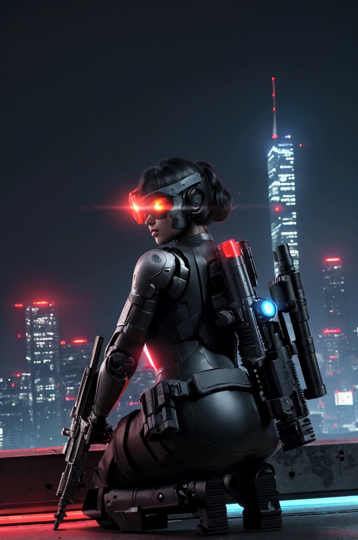 Call of duty, bundle pack, side shot,  Robotic sniper detailed in black technological clothing,  bright red visor .  Rooftop of a cyberpunk city ,  Neon lights reflecting on the barrel of the rifle . brave,  Dark skyline of the city in the background , heavy shadows, vibrant reflections ,  and cinematic lighting .  High-tech precision rifle , futuristic equipment,  Detailed mechanical pointers .