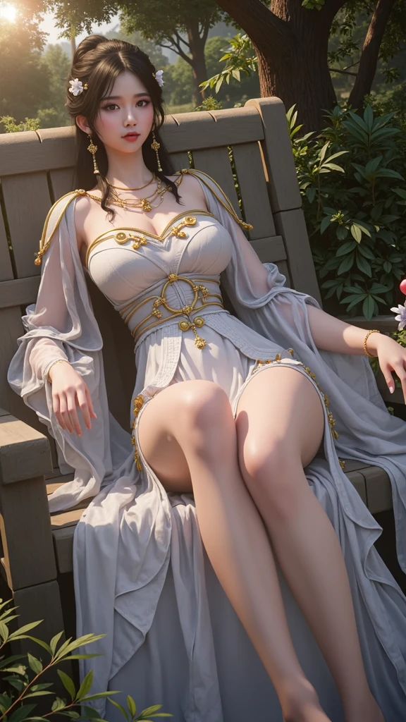 realistic, 1 women, best quality, 12k, HD, long hair, big round breasts, cleavage, ponytail, necklace, jewelry, shorts, short jacket, slim hips, hair tie, yellow eyes, black hair, super detailed, Eye details, hair details, person details, mouth details, face details, breast details, clothes details, hair details, pants details, hand details, whole body