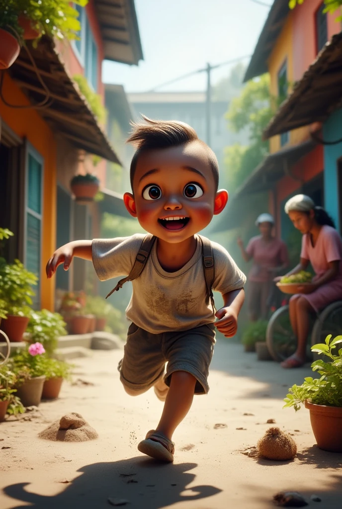 A playful  boy with a buzz cut hairstyle and smaller, almond-shaped eyes like a Chinese . He has Indonesian brown skin, a (chubby:1.2) and (fat body:1.2), and is wearing a simple t-shirt and shorts. The boy is running through a narrow alleyway in a small town, surrounded by colorful walls of modest homes and potted plants. His hands and clothes are slightly dirty from playful activities. In the background, there are a few of his friends and local street vendors, adding to the vibrant and lively community atmosphere. Bald, excited, Realism, high detail, high quality, accurate, masterpiece, 8k