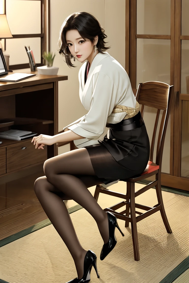 Office, beauty sitting a japanese woman in chair, short hair, beautiful legs, high heels, brown pantyhose, uit