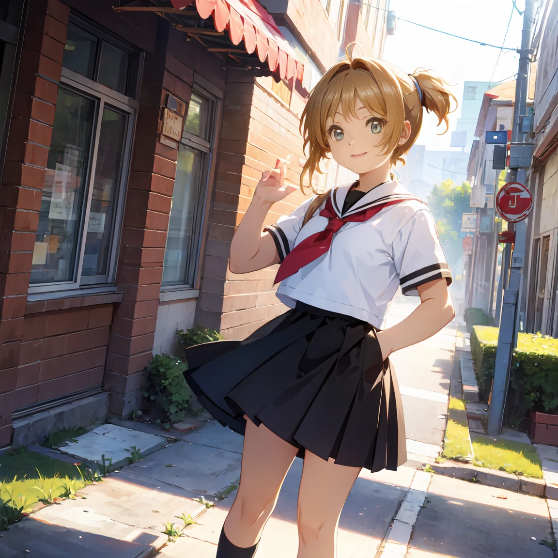 NSFW,masterpiece, best quality, POV,look at viewer,1girl, solo, kinomoto sakura, two side up,pleated skirt, shirt,standing,tomoeda elementary,skirt lift,show off your panties,white panties,park
