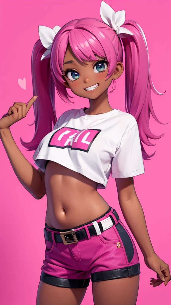  1 girl, solo,  High Resolution , Round face、Big Eyes、Large Breasts、Small size T-shirt、belly button、 Hot Pants、Fancy belt、 Pink Twin Tails 、Dark skin、Grin