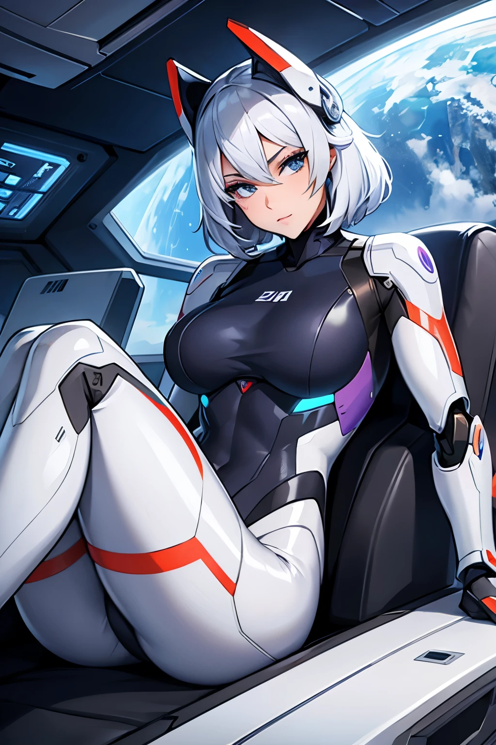 a female robot, with beautiful face, sexy pose, in a starship, 