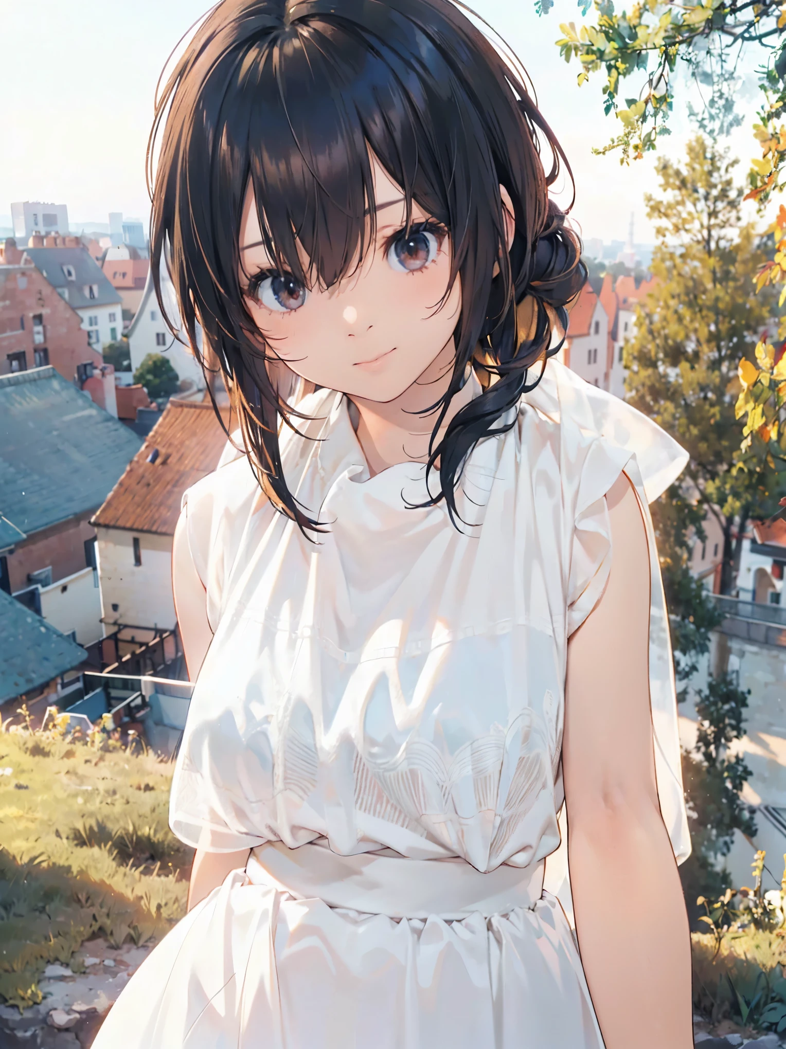 Official Art, wallpaper,  very detailed , ((( very detailed な目と顔))), Realistic portraits, (Best Quality, masterpiece,  High Resolution ), ( High Resolution スキン: 1.2), 8K Ultra HD, Backlight,  background blur, smile, One Woman,  woman in white shirt, Beautiful woman, Attractive beautiful face, Beautiful face and perfect skin, Diffused, Natural Skin Radiance, Attractive and beautiful, Wrapped in golden light, Gorgeous and attractive,  soft golden hour lighting,  natural beauty expressive pose , Soft golden light,  attractive girl,  golden background , Dynamic Angle