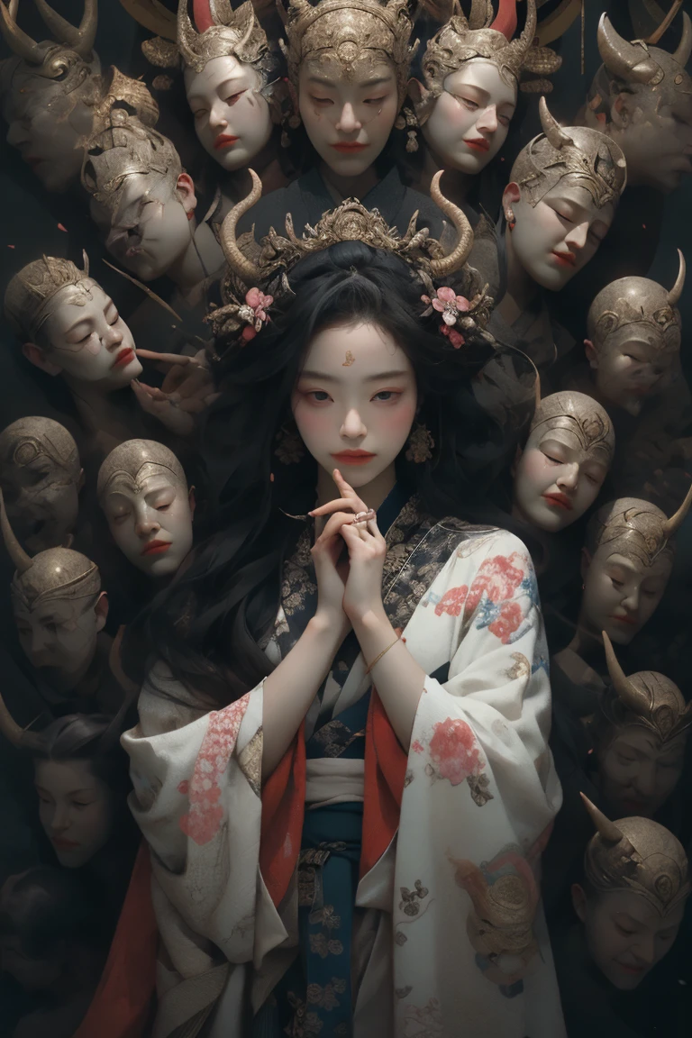 (masterpiece:1.2), best quality, PIXIV, black hair, hair ornament, japanese clothes, hair flower, flower, kimono, mask, 1girl, sitting, long hair, own hands together, looking at viewer, 6+boys, praying, multiple boys, floral print, wide sleeves <lora:thousand faces_20230729115837:1>
