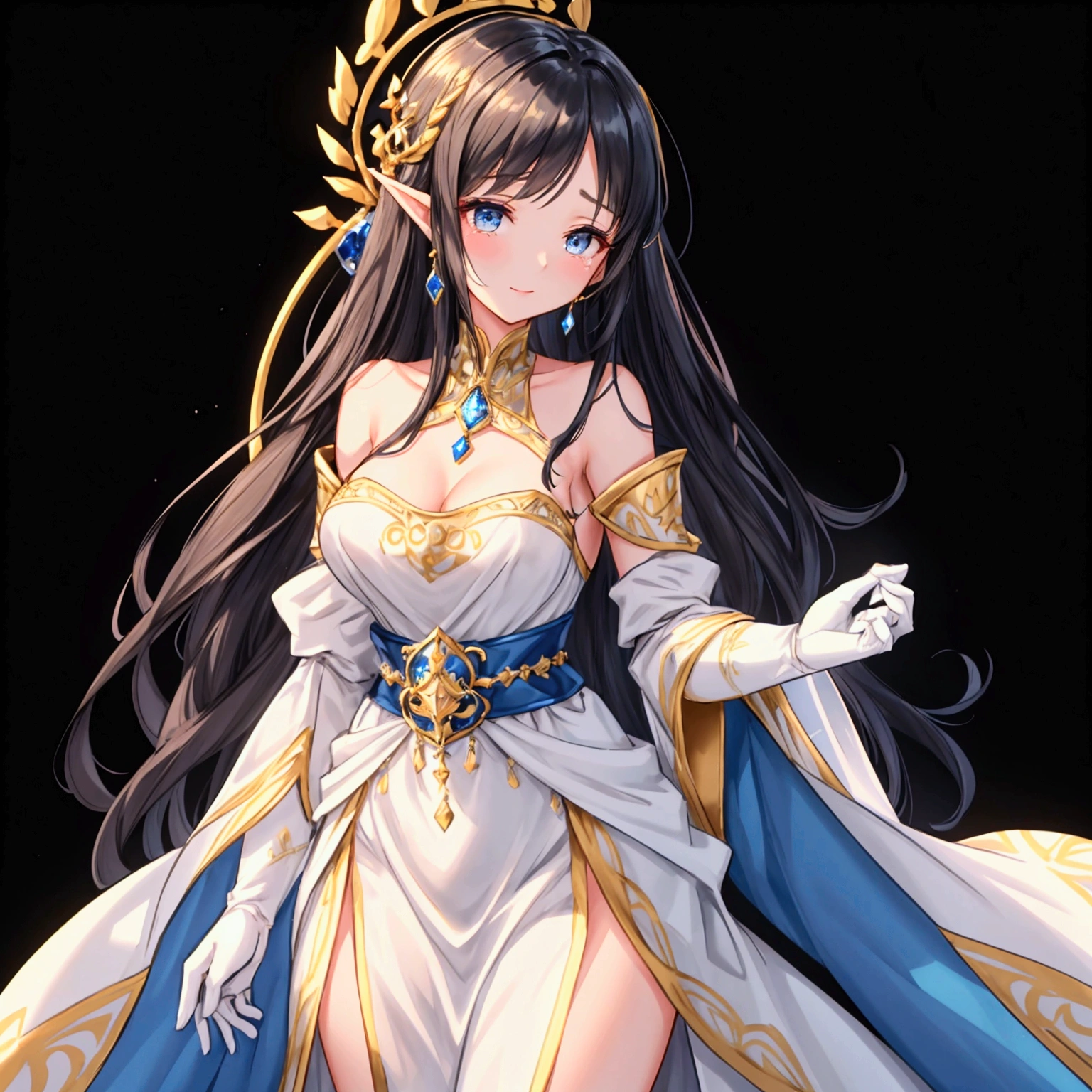 "A slender woman with long, flowing black hair, standing at 160 cm tall, weighing 45 kg, with a petite chest. Her eyes are a soft, pale blue, giving her a mysterious aura. She is dressed in an elegant, regal outfit inspired by Princess Zelda from Tears of the Kingdom. She wears a flowing white gown adorned with intricate golden patterns and embroidery, which runs along the edges of the dress, giving it a royal and ancient look. Over the dress, she wears a structured, fitted blue and gold tunic with delicate designs that reflect her royal heritage. The tunic is cinched at the waist with a detailed belt featuring a large gem at its center, symbolizing power and wisdom. Her shoulders are covered with ornate golden armor pieces, adding a sense of strength and protection. She also wears long, white gloves that extend up to her elbows, contributing to her graceful and noble appearance. The image is rendered in ultra-high quality, capturing every fine detail with stunning clarity."