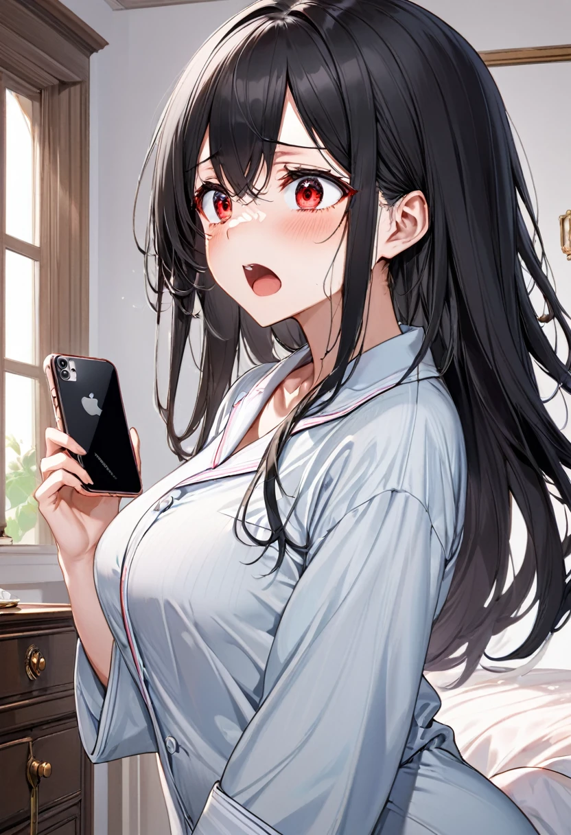 （（super high quality,Ultra-high resolution,4K,8k,super masterpiece,Ultra HD））,Dimly lit bedroom,On the bed,Lying down,One sexy woman,（popped collar White shirts）,High collar,Tight collar,Black hair straight short,Sharp Eyes,Ahegao,smile,blush,sexy,Pearl Earrings,Pearl Necklace,wedding ring,Put your hands on your head,Sweaty,Spread your legs,Big penis,Penis insertion,semen,Drooling,Hold the cell phone to your ear,