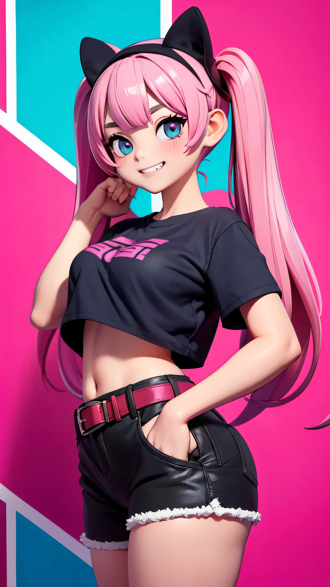 1 girl, solo, High Resolution , Round face、Big Eyes、Large Breasts、Tight t-shirt that is small、belly button、 Hot Pants、Fancy belt、 Pink Twin Tails 、Dark skin、Grin
