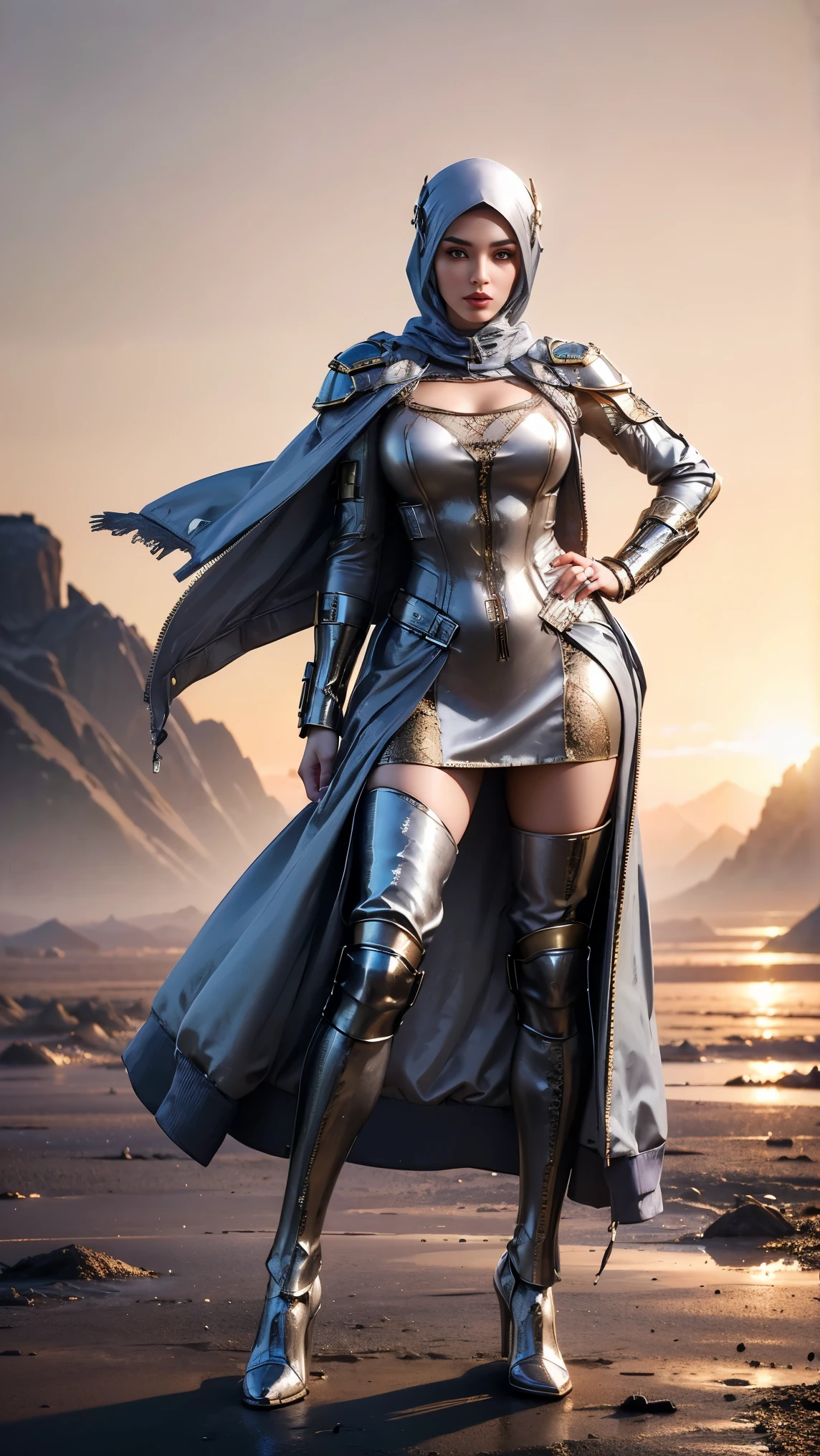 Full body from head to toe, (8k:1.27), Better quality, masterpiece, ultra highres:1.2) Photo Persian woman (beautiful:1.1) (post apocalyptic warrior woman:1.1) wearing hijab, apocalyptic soldier, (fabric Maserati jacket:1.21) intricate elegant, Fantasy, detailed, Metric by Greg Rutkowski and Alphonse Mocha, gradient lighting, silver suit
