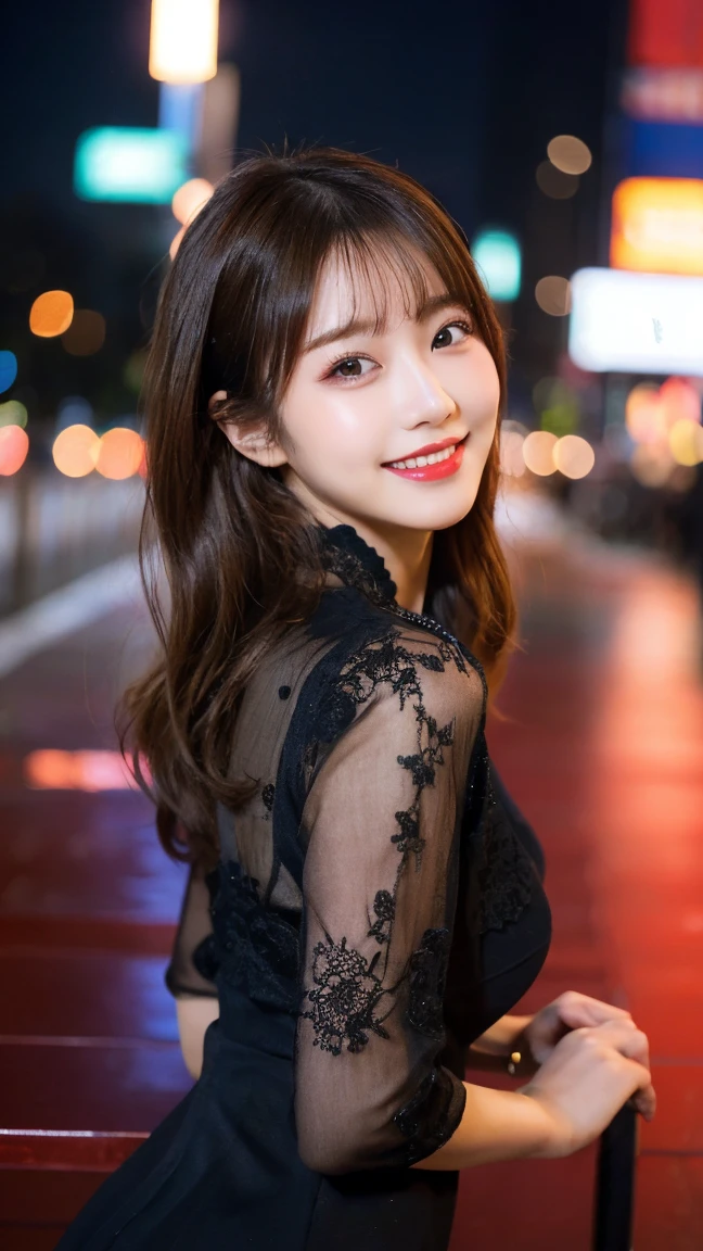 ((Night in the City、Highest quality、masterpiece、High resolution))、(((Zoom photo of upper body、Wet body、Wet Hair)))、(A shy smile:1.2)、1 woman, aged 20、Beautiful Skin、Beautiful Eyes、Large Breasts、Cat Ear Headband、Black Dress、Black Hair、Wavy Hair、Shorn bangs