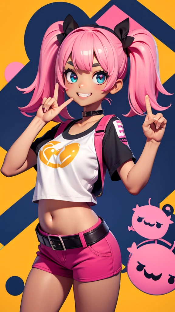  1 girl, Alone,  High Resolution , Round face、Big Eyes、Large Breasts、Small size T-shirt、belly button、 Hot Pants、Fancy belt、 Pink Twin Tails 、Dark skin、Grin、Peace sign with right hand