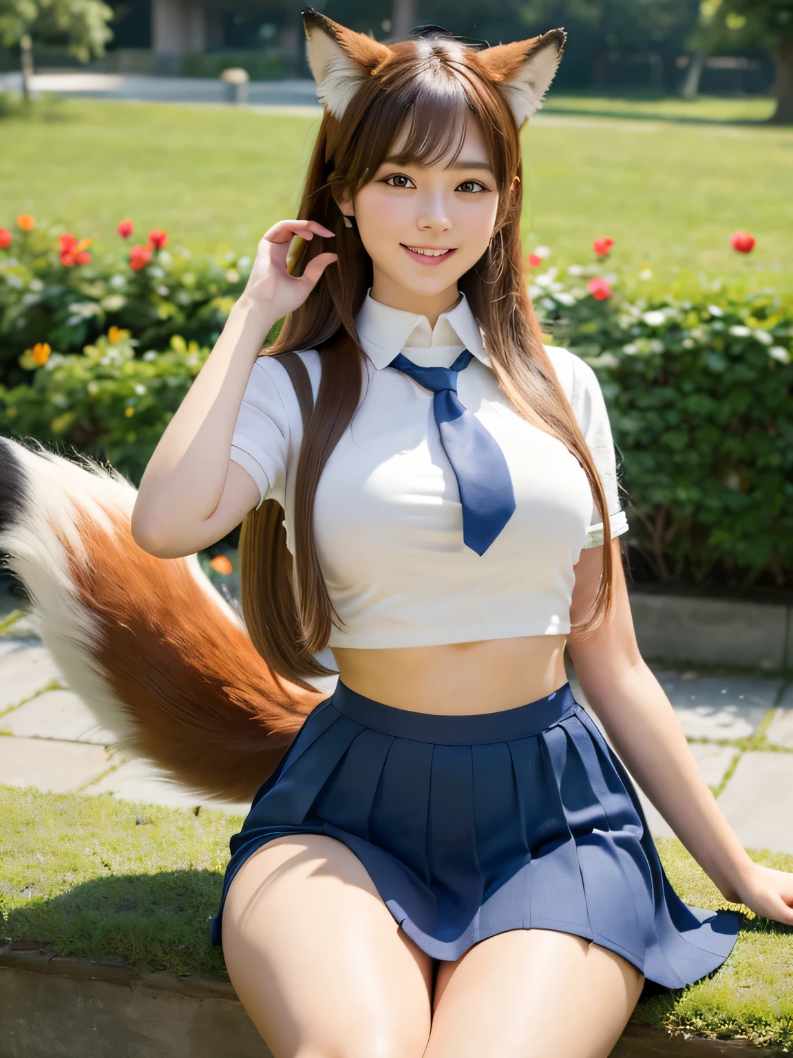 ((Highest quality, 8k)), ((masterpiece)), (Highest Resolution), Perfect Face, Fox Woman, Female college student, Beautiful woman, Outdoor, Only one tail, she has thick thighs, Her large tail, Her brown fox tail, She wags her tail, smile, Collar on Leash, She is wearing bloomers as part of her gym uniform., Plump Breasts, Beautiful Hips , Her fox tail sticks out from her bloomers, On all fours
