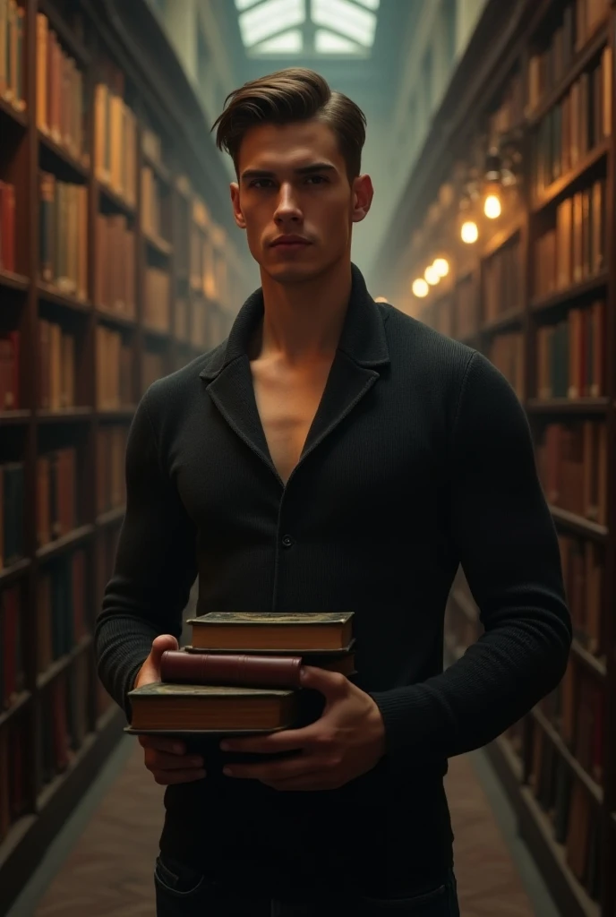 (photorealistic, masterpiece, detailed face, best quality, highres, 4k), Fantasy art style, imagine the astrological sign of Virgo the meticulous innocent youth, portrayed by an impeccably groomed male model with an air of intelligence and precision. slim body build, twink. He is wearing loose and flowing white sheer fabrics, skimpy and sexy. Surrounded by shelves of ancient tomes and alchemical instruments, he embodies knowledge and precision in a mystical library.