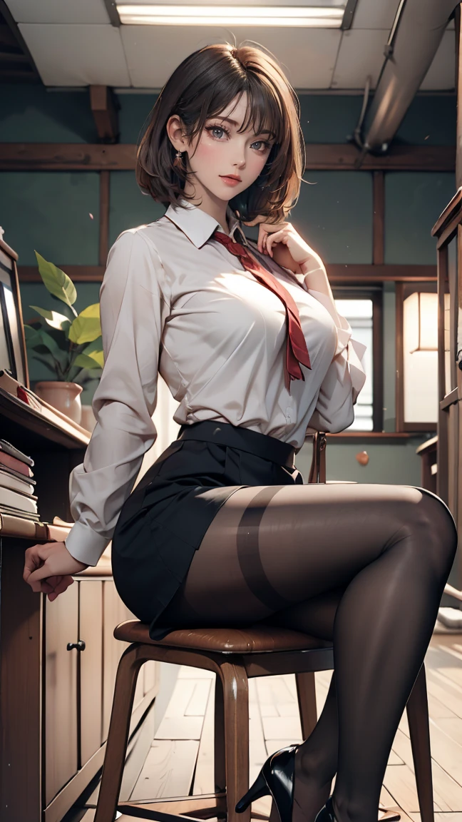 1 girl, Glasses, (whole body:1.2), Sitting, (Angle from below:1.1), (Angle from the side:1.1), blush, (The body is slim:1.2), (Huge breasts:1.5), (Long, slender legs:1.1), Black Hair, short hair, White long sleeve shirt, Pleated skirt, (black tights:1.1), Black Loafers,