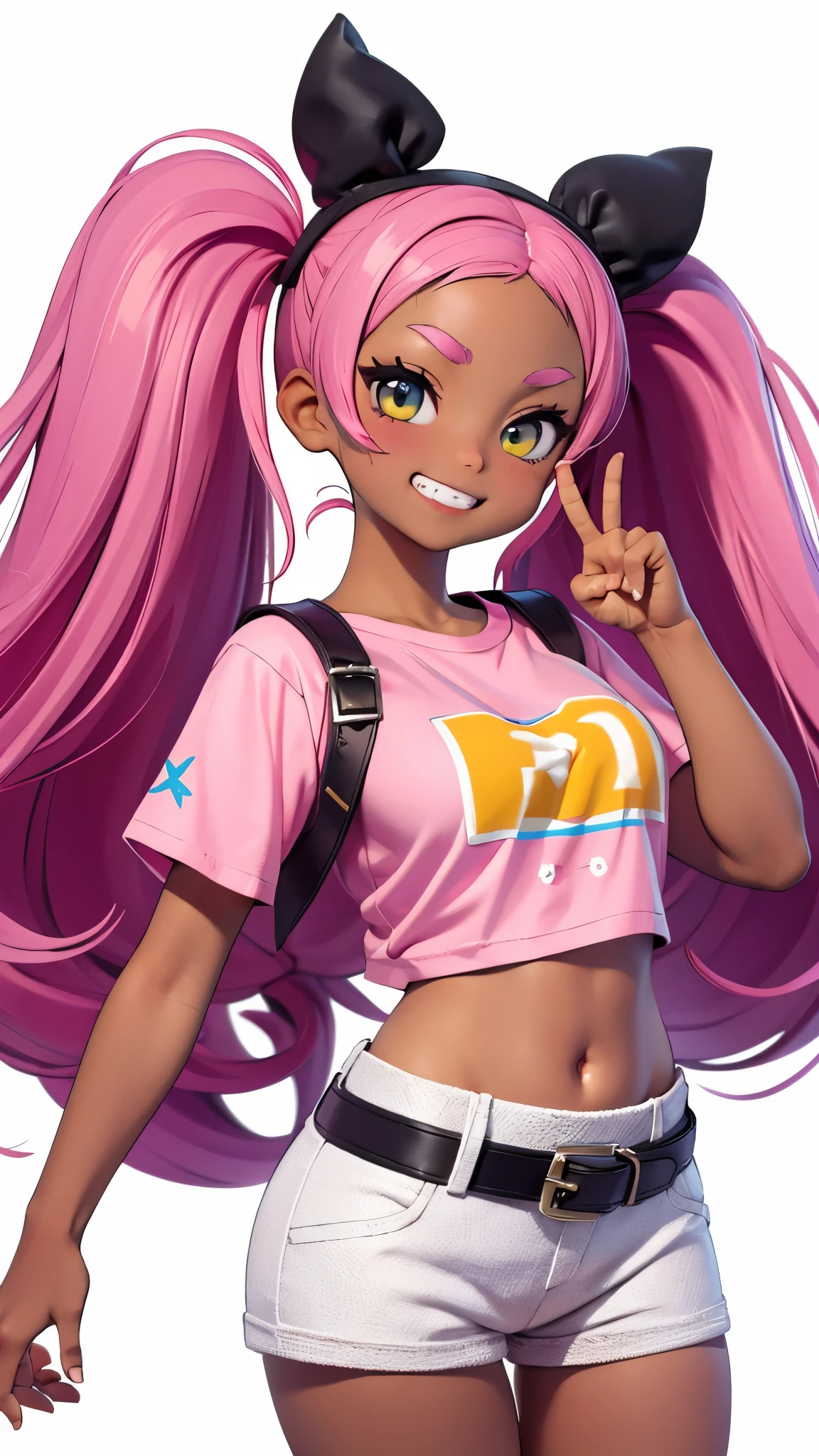 1 girl, Alone, High Resolution , Round face、Big Eyes、Large Breasts、Small size T-shirt、belly button、 Hot Pants、Fancy belt、 Pink Twin Tails 、Dark skin、Grin、Peace sign with right hand