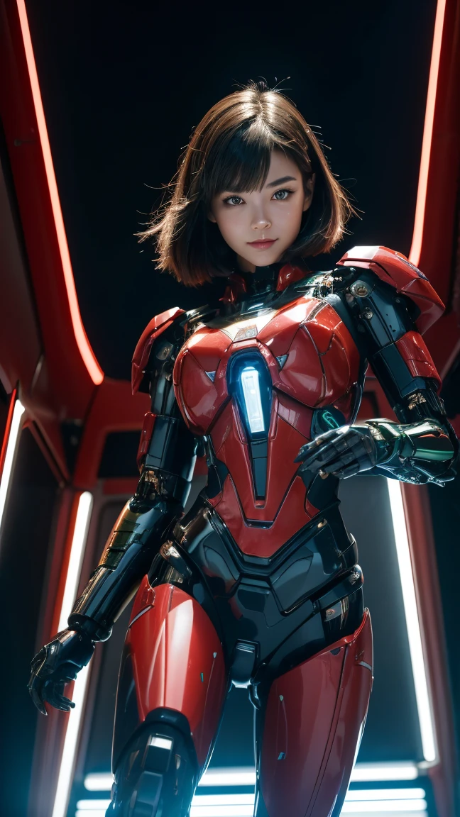 A still from a film showing a female mech pilot standing in front of her (Large combat mech:1.3), Sci-Fi Armor, military base, Strong winds, Sci-fi helmet in hand, visor, Detailed eyes, dry skin, Skin fuzz, Visible skin hair, Skin blemishes ,, Shallow depth of field, Vignette, Very detailed, big budget hollywood movie, Bokeh, CinemaScope, Sulky, amazing, nice, Film Grain