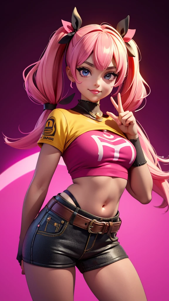 1girl, solo, high resolution, realistic, photorealistic, extremely detailed face, beautiful detailed eyes, beautiful detailed lips, extremely detailed eyes and face, long eyelashes, round face, big eyes, large breasts, small size t-shirt, belly button, hot pants, fancy belt, pink twin tails, dark skin, grinning, peace sign with right hand, masterpiece, best quality, 8k, ultra-detailed, vivid colors, physically-based rendering, studio lighting, portrait