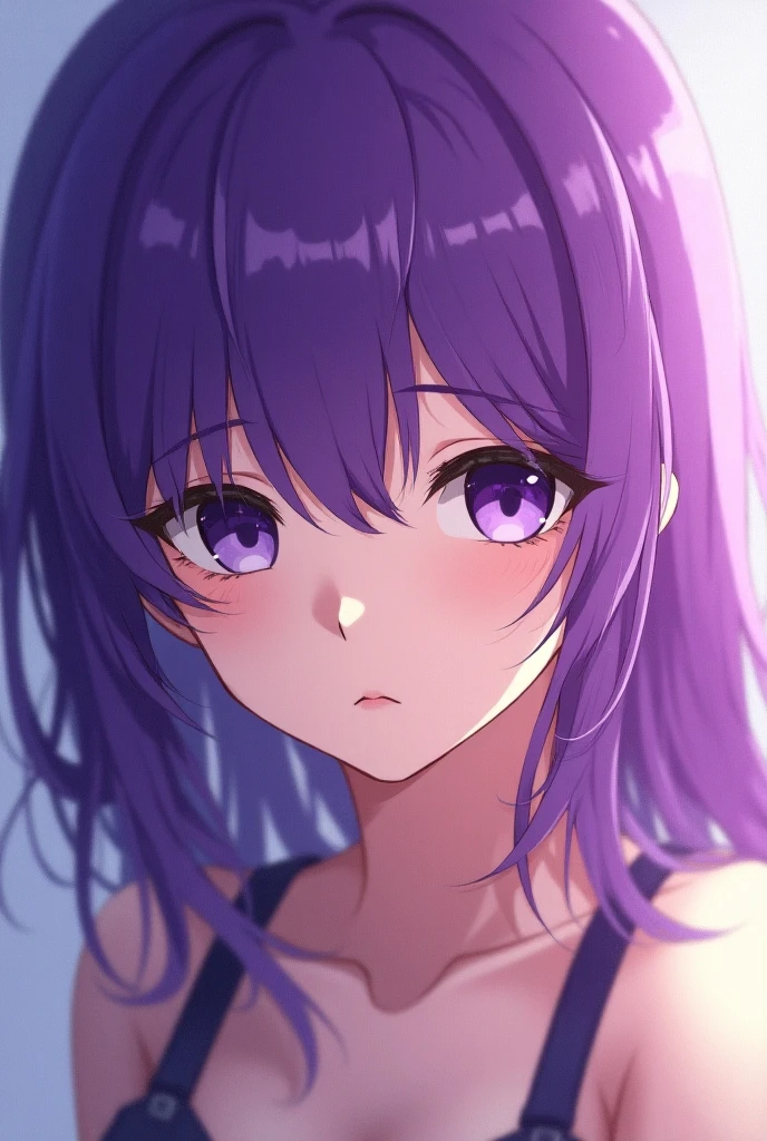 Kyoka Jiro, One girl, alone, chest, blush, short hair, bangs, Simple Background, shirt, White Background, Mouth closed, Purple eyes, clavicle, Lower Body,Purple Hair, Short sleeve, blunt bangs, avert your eyes, t-shirt, pink shirt, Long earlobes、tits、Blowjob