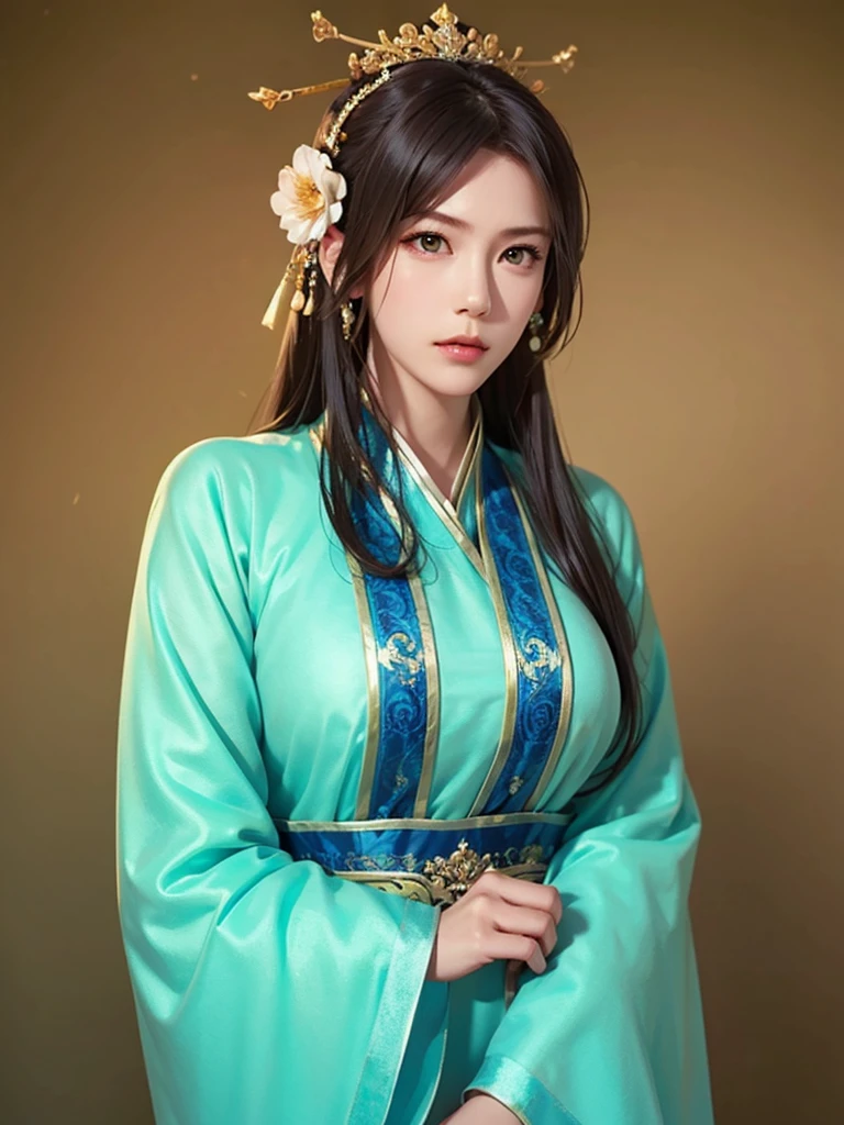 ancient chinese princess ， A girl wearing Hanfu, visual audience，,  beautiful girl 、Delicate body, Exquisite Eyes , Big 、Long hair,、Hair accessories Han Dynasty、Eternal,whole body、Lower Body，Three Kingdoms， (solid color background,,  simple background), Smoky environment, Adds a touch of mystery and drama to the scene. Soft and even lighting, Casts soft shadows, Create an atmosphere of seriousness and focus.