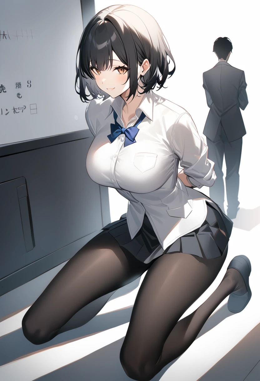 score_9,One girl,Large Breasts,teacher,smile,Black Hair,short hair,bangs,Off the shoulder_shirt,skirt_suit,pantyhose, kneels, kneeling, arms behind back