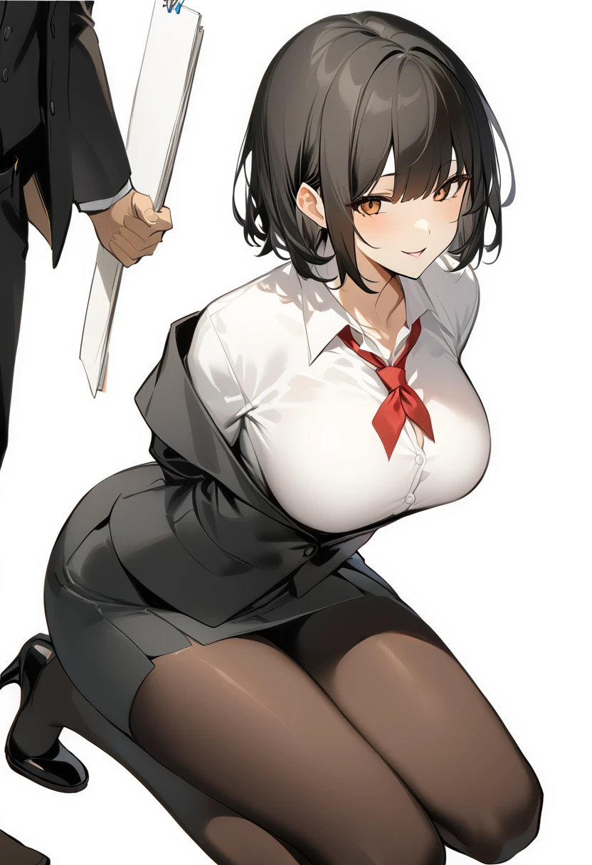 score_9,One girl,Large Breasts,teacher,smile,Black Hair,short hair,bangs,Off the shoulder_shirt,skirt_suit,pantyhose, kneels, kneeling, arms behind back