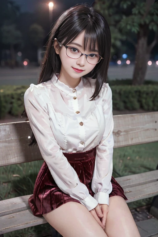 ((8K images)), ((Full body image)), masterpiece,  High Resolution , Best Quality,  attention to detail, Textured skin, Middle-aged Japanese crossdresser Mii-chan, ((Glasses)), Black Hair,  medium hair ,  straight hair, Smile, ((White Plain Button Long Sleeve Blouse)), ((Flared burgundy velvet mini skirt)), ( black knee-high socks),  black loafers , (( and spread your legs)),  white panties, Beautiful Face,  beautiful eyes, Night Park, Sit on a bench, Hide your hands, Beautiful Dark Night ,