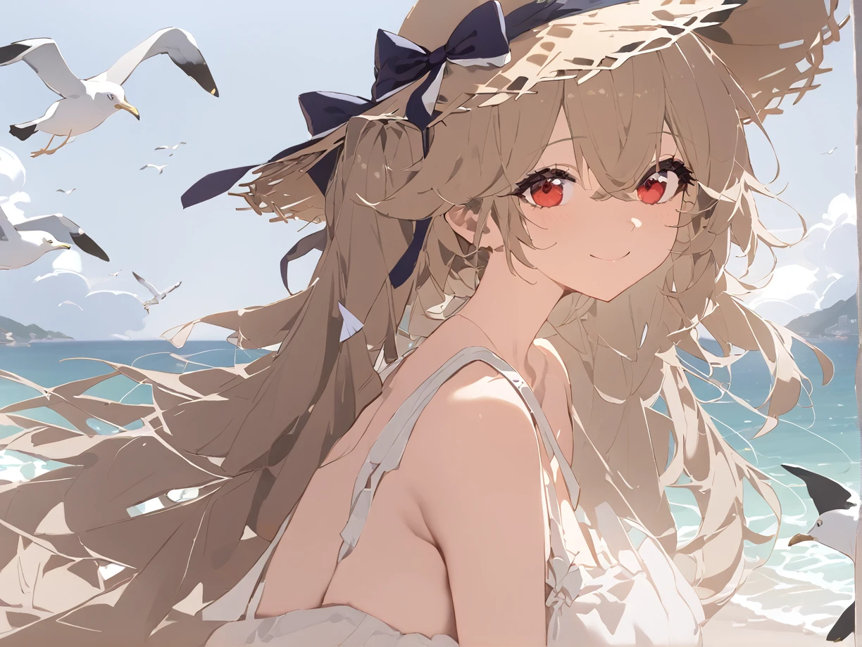 anchorage_\(azur lane\),white dress, from side, straw hat,seaside,wind, looking at viewer, smile, seagull,, masterpiece, best quality,